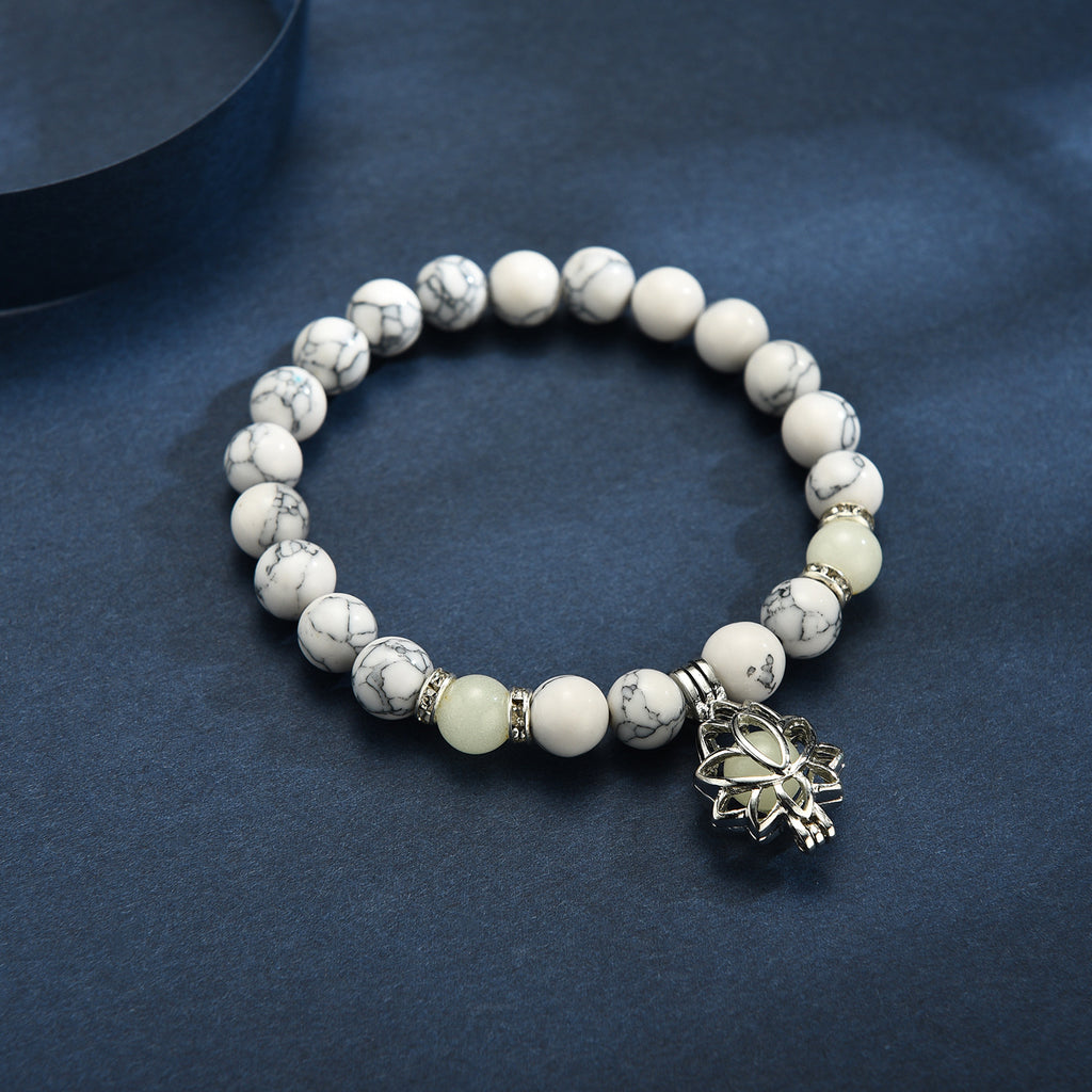Turquoise Bead Bracelet with Lotus and Sanskrit Design