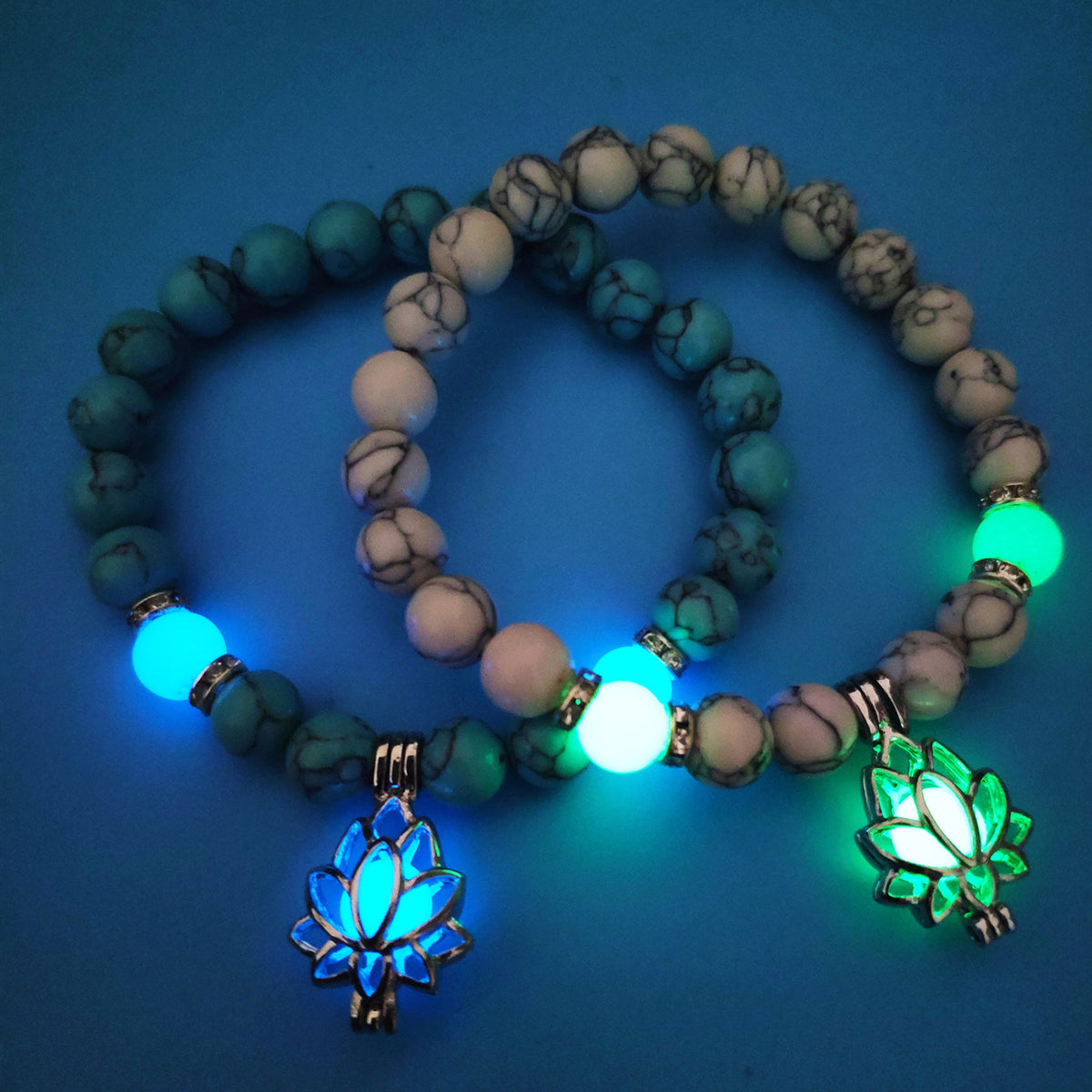 Turquoise Bead Bracelet with Lotus and Sanskrit Design