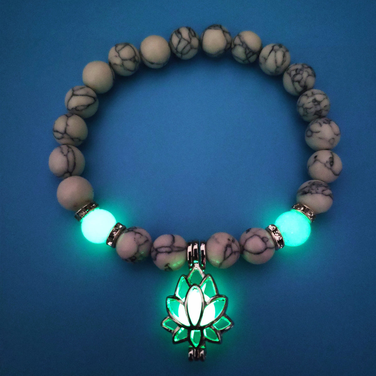 Turquoise Bead Bracelet with Lotus and Sanskrit Design