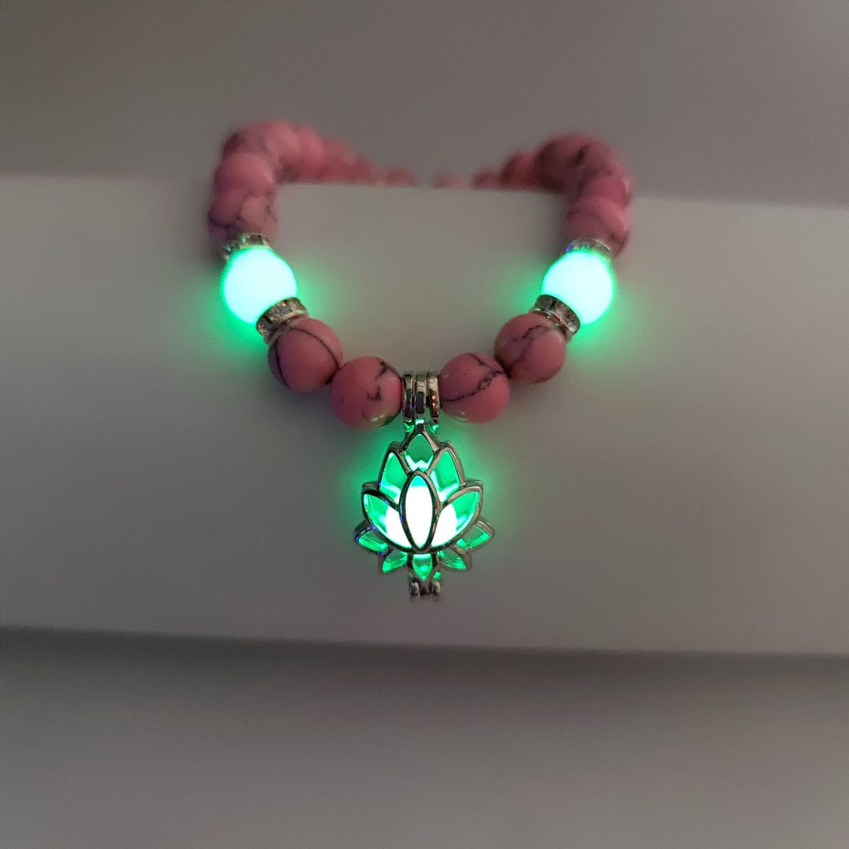 Turquoise Bead Bracelet with Lotus and Sanskrit Design