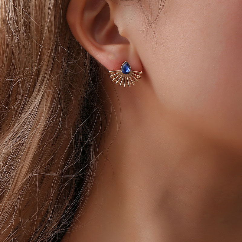 Lotus Shaped Hollow Fan Earrings with Drop Gemstones