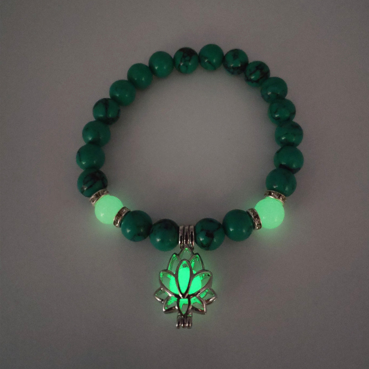 Turquoise Bead Bracelet with Lotus and Sanskrit Design