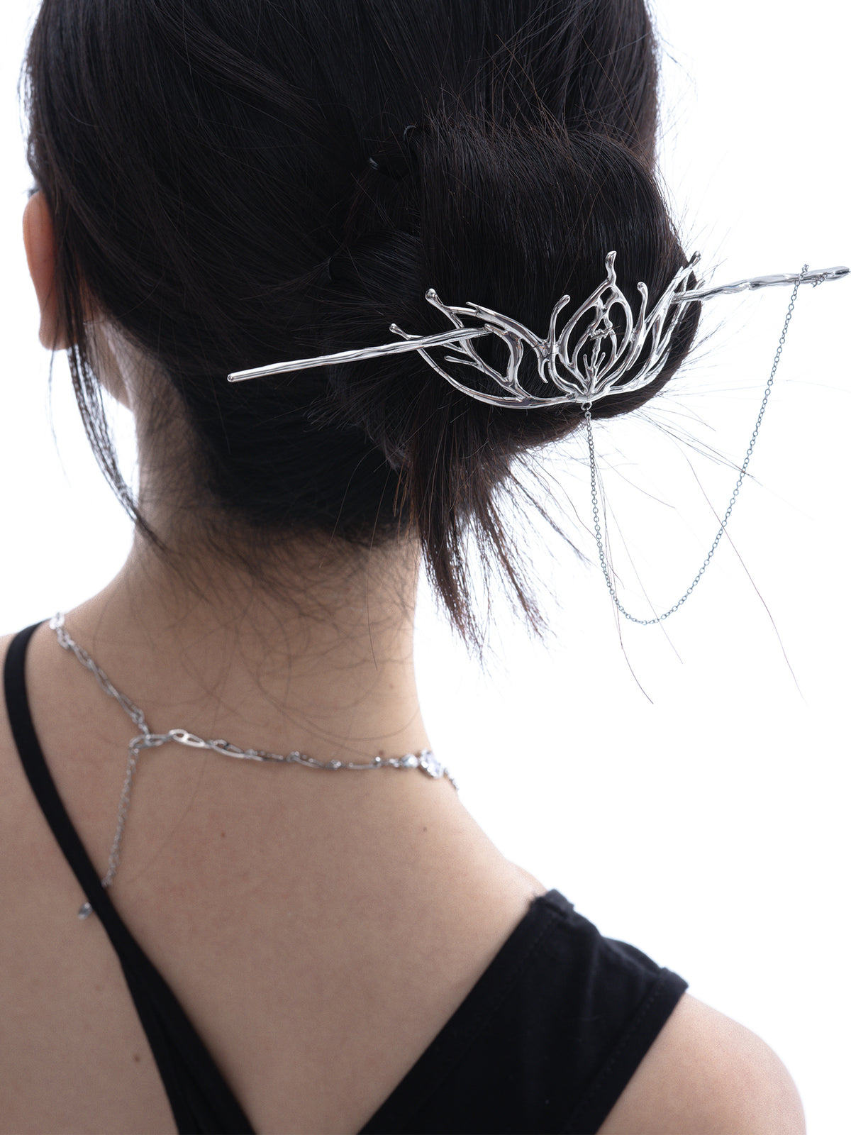 Wampunk Lotus Hollow Silver Long Tassel Hair Stick