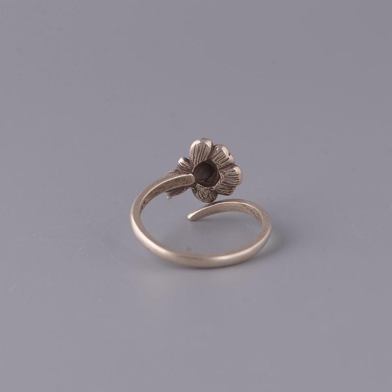 S925 Silver Vintage Blue-Fired Lotus Ring for Women