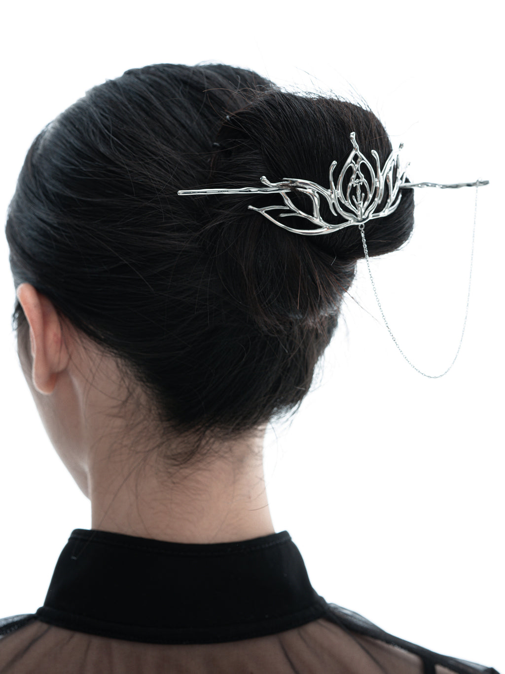 Wampunk Lotus Hollow Silver Long Tassel Hair Stick