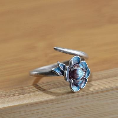 S925 Silver Vintage Blue-Fired Lotus Ring for Women
