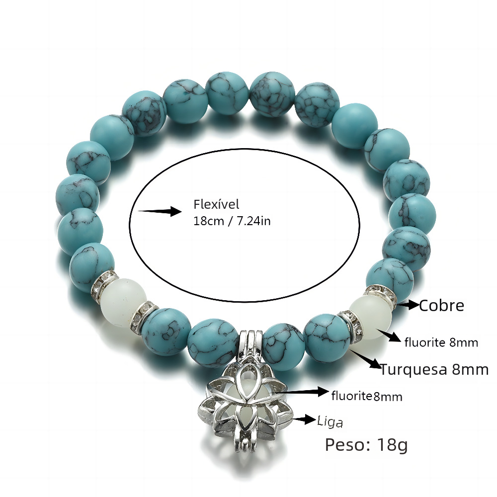 Turquoise Bead Bracelet with Lotus and Sanskrit Design