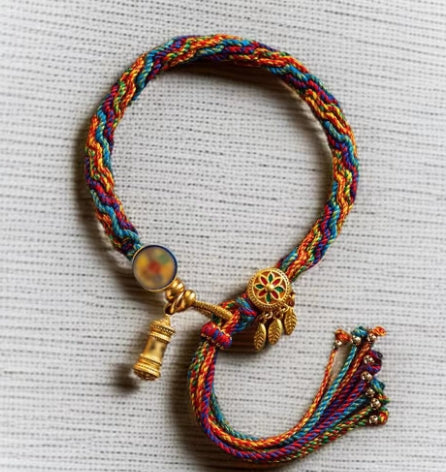 Cotton Woven Anklet with Lotus Pendant and Beads