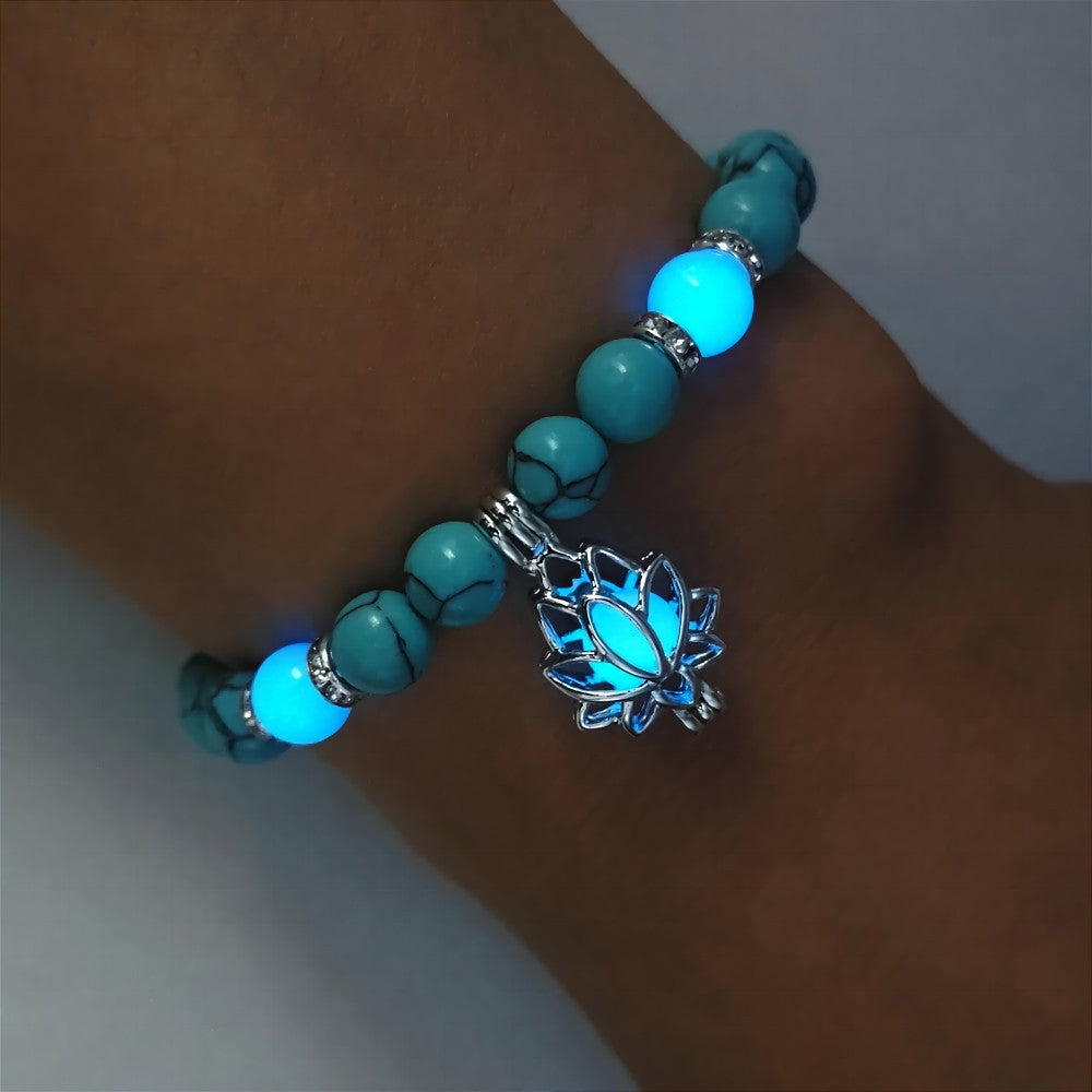Turquoise Bead Bracelet with Lotus and Sanskrit Design