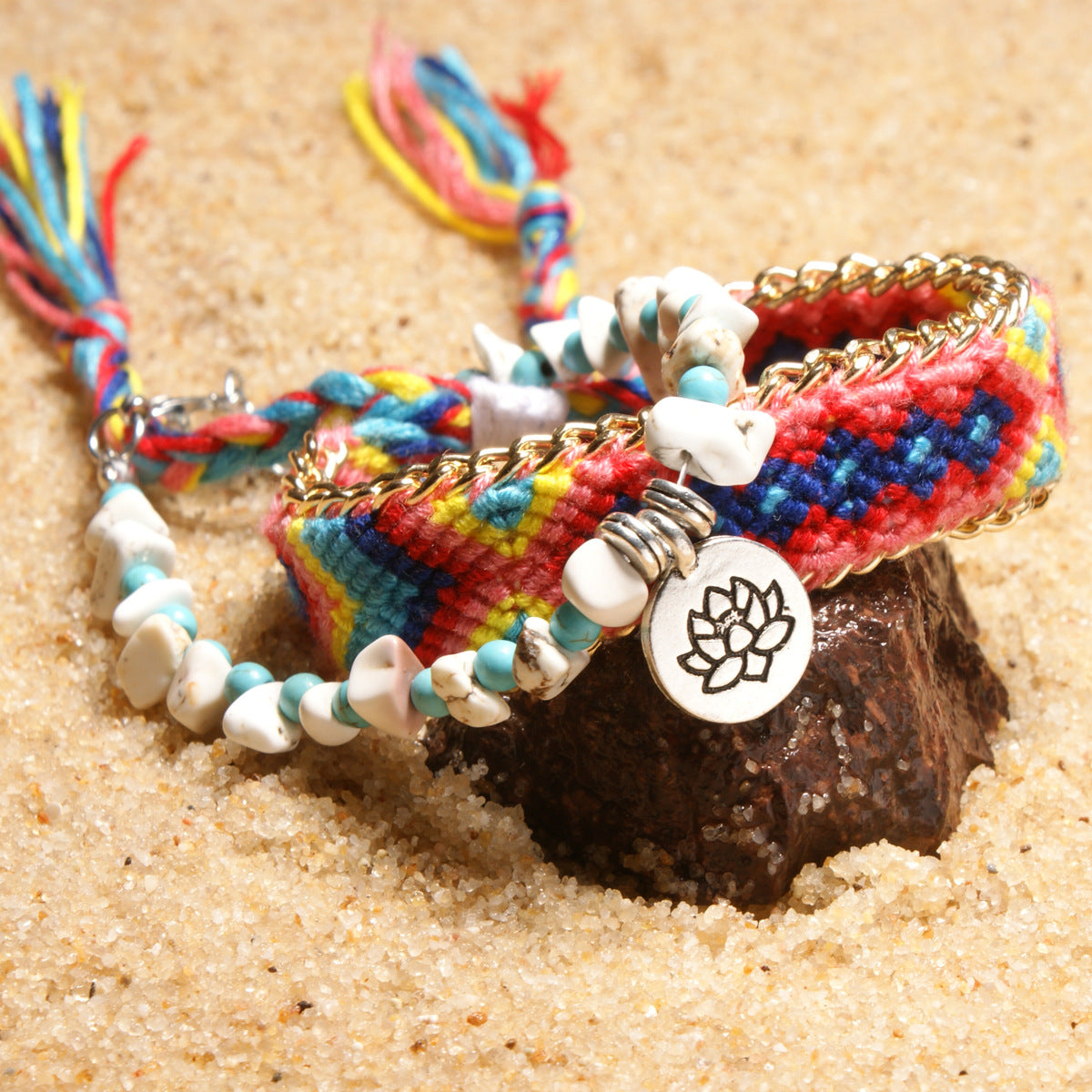 Cotton Woven Anklet with Lotus Pendant and Beads