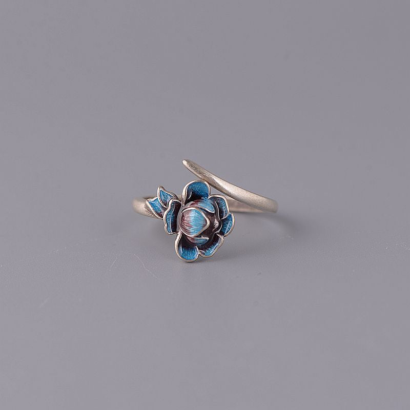 S925 Silver Vintage Blue-Fired Lotus Ring for Women