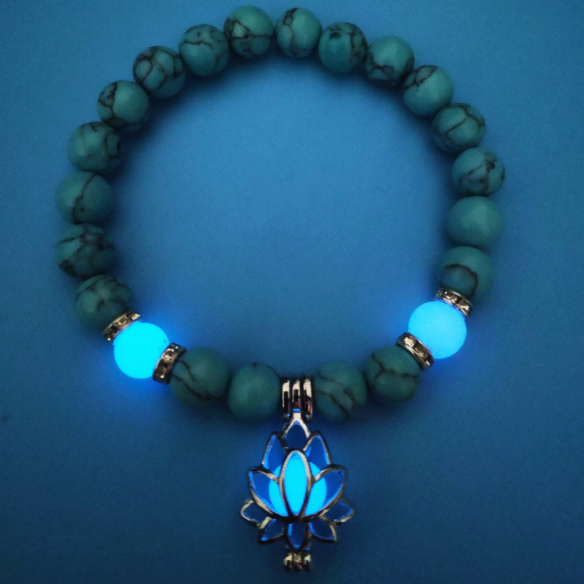 Turquoise Bead Bracelet with Lotus and Sanskrit Design