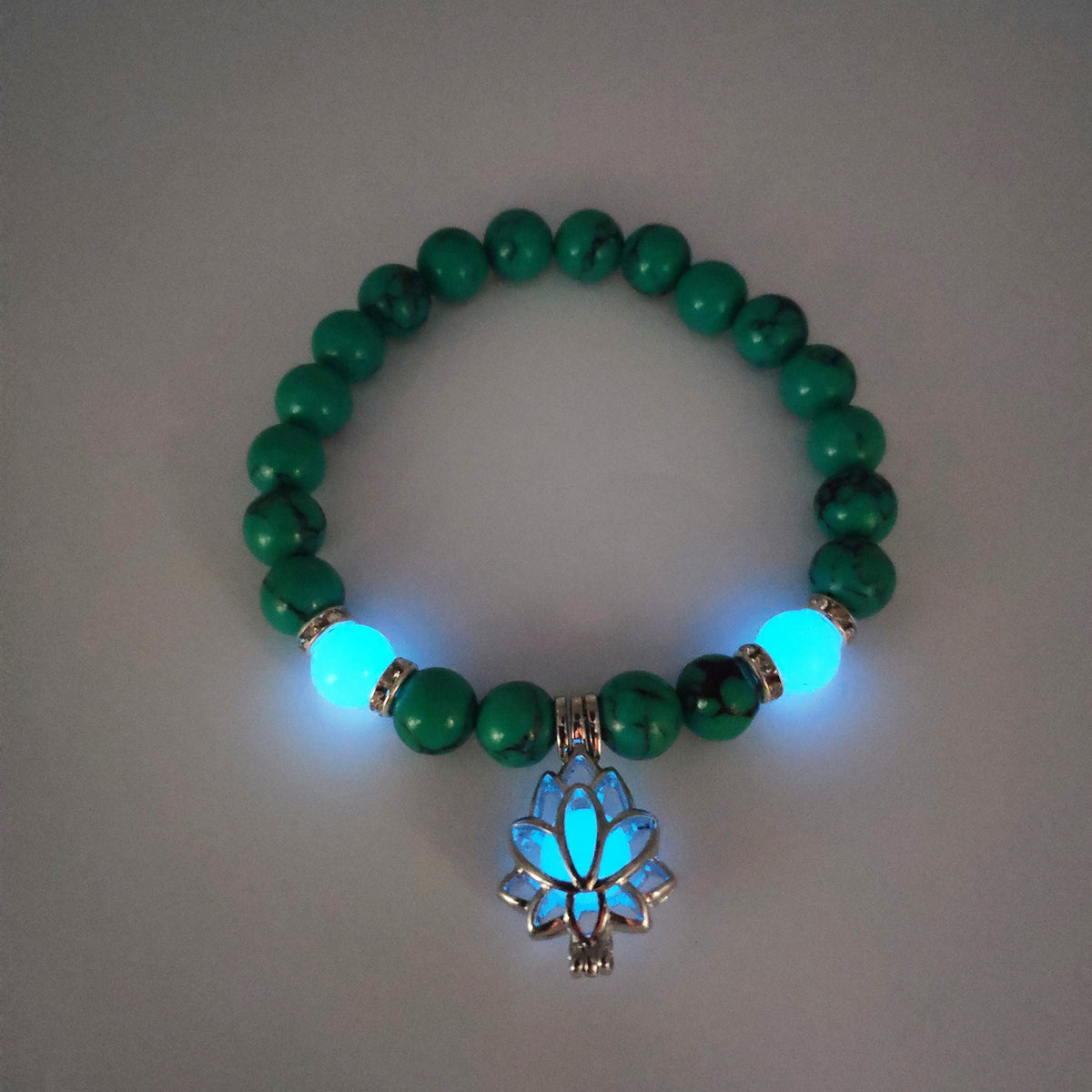Turquoise Bead Bracelet with Lotus and Sanskrit Design
