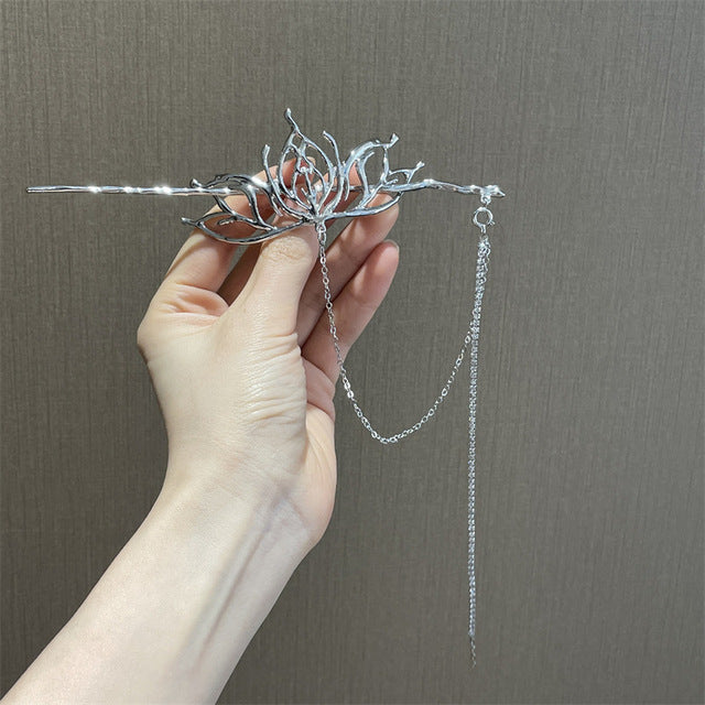 Wampunk Lotus Hollow Silver Long Tassel Hair Stick