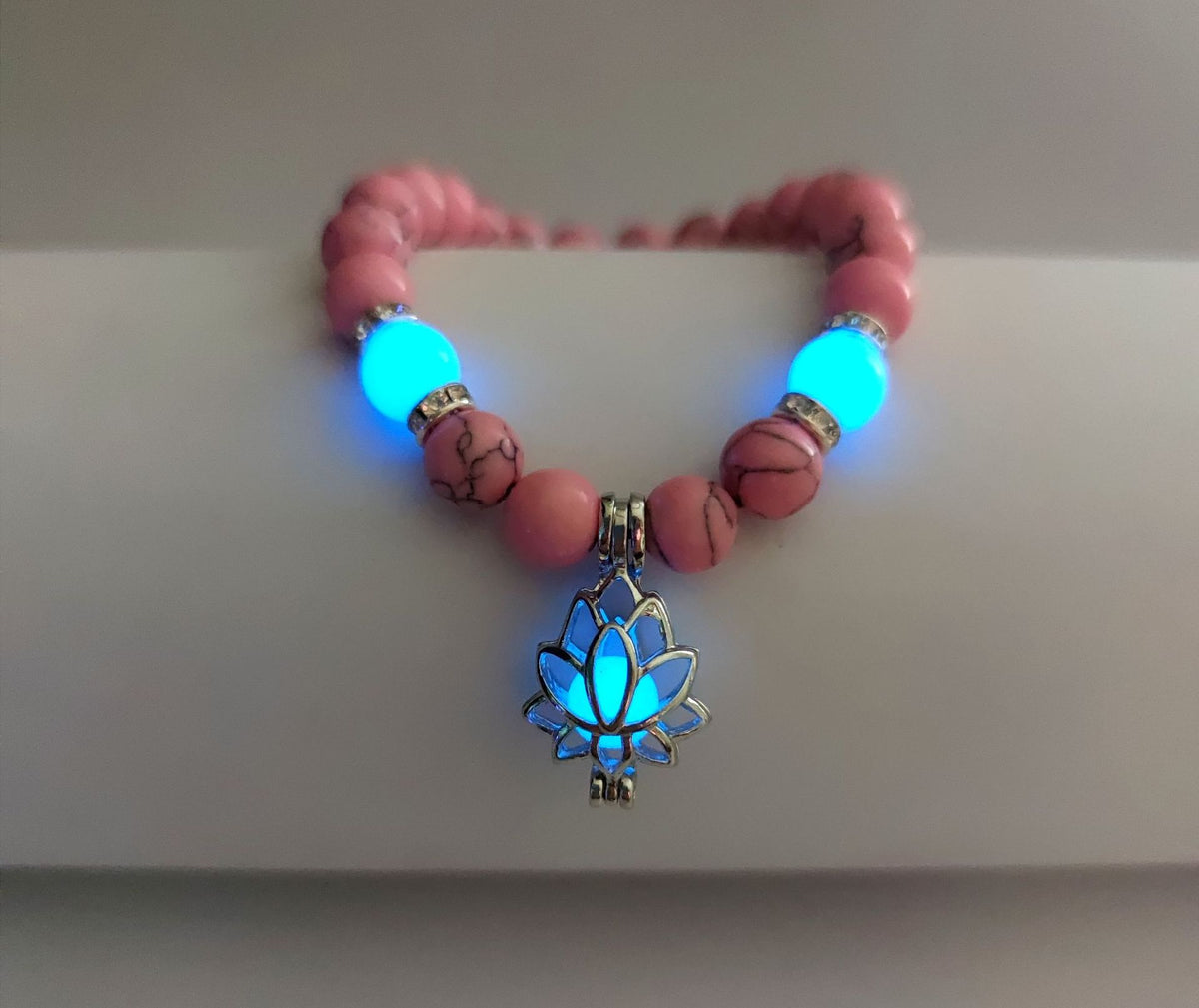 Turquoise Bead Bracelet with Lotus and Sanskrit Design