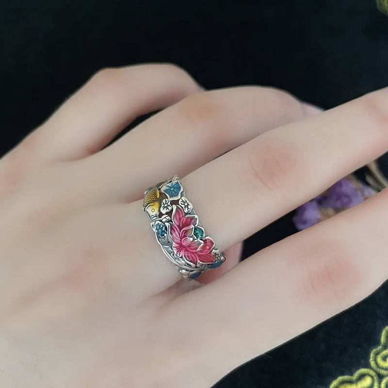Retro Distressed Women's Fish Play Lotus Ring